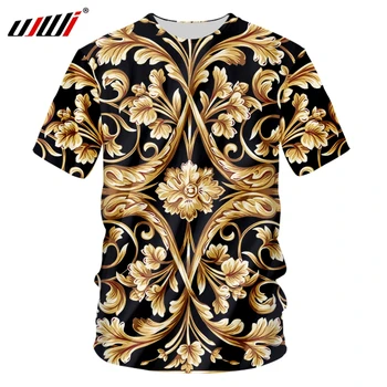 UJWI Prekės ženklo Vyrai Golden Flower T-shirt Vasaros 3D Spausdinimo Juoda T-Shirt Homme Trumpas Rankovės Prabanga Karališkoji Baroko Vyrų Drabužiai Viršūnės
