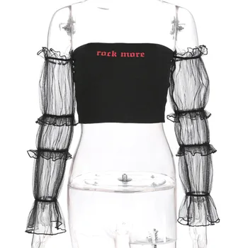 Seksualus, Moterų Roko Apkarpytos T-shirt nuo peties Nėrinių Sluoksniuotos Rankovėmis Viršūnes 2019 M. Vasaros Moteriška Juoda ilgomis Rankovėmis Punk T Marškinėliai Tee
