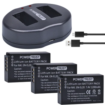 PowerTrust 3Pcs 1200mAh EN-EL20 LT-EL20a LT EL20 EL20 Baterija + Dual USB Kroviklis skirtas NIKON 1 J1 J2 j3 skyrius S1 Fotoaparatas