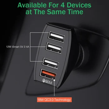 YKZ Automobilinio Telefono Įkroviklis Greitai Įkrauti USB 3.0 Greito Įkrovimo Adapteris, skirtas Telefonas, automobilis, 4 USB Automobilinis Įkroviklis iPhone Samsung LG Xiaomi