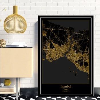 Stambulas Black&Gold Miesto Šviesos Žemėlapiai Užsakymą Pasaulio Miesto Žemėlapį, Plakatai, Drobė Spausdina Šiaurės Stiliaus Sienos Menas Namų Dekoro