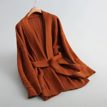 Rudenį, žiemą megztinis moterims, susagstomi megztiniai ir kailis atsitiktinis vientisos spalvos ilgomis rankovėmis vilnos džemperis cardigan megztinis storas dekoratyvinis diržas