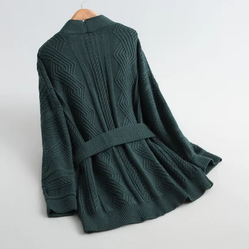 Rudenį, žiemą megztinis moterims, susagstomi megztiniai ir kailis atsitiktinis vientisos spalvos ilgomis rankovėmis vilnos džemperis cardigan megztinis storas dekoratyvinis diržas