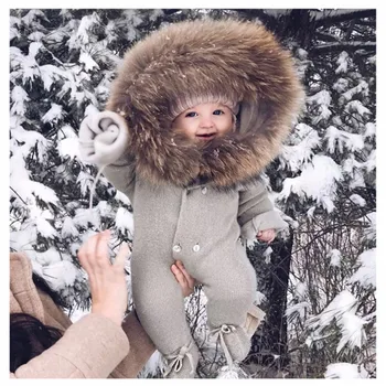 Megzti drabužiai su koja ir gaubtu kūdikių drabužiai su kailio apykakle žiemos lauko 3-24M Vieną Krūtinėmis Megztiniai kūdikiams