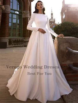 Verngo Naujas Paprastas Satino Vestuvių Suknelė 2020 ilgomis Rankovėmis Linijos, Nuotakos Suknelės, 3D Gėlių Derliaus Arabric Oficialią Vestuvių Suknelės