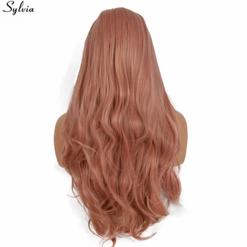 Sylvia ilgai natūralių bangų sintetinių nėriniai priekiniai perukas atsparus karščiui rose aukso spalva rausva glueless gamtos valsčiaus perukas womens