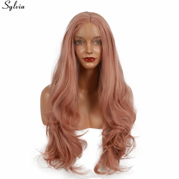 Sylvia ilgai natūralių bangų sintetinių nėriniai priekiniai perukas atsparus karščiui rose aukso spalva rausva glueless gamtos valsčiaus perukas womens