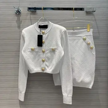 Europos Stiliaus Kietas Kostiumas Rudens Žiemos Megztas Dviejų dalių Rinkinys Moterims 2019 Elegantiškas O-kaklo, ilgomis Rankovėmis Megztinis + Sijonas Nustatyti Drabužių