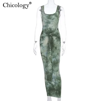 Chicology kaklaraištis dažų spausdinti neon nėrinių maxi suknelė moterų berankovis lady ilgai sundress bodycon seksualus šalis 2020 metų vasaros klubas drabužius