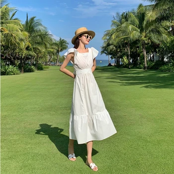 Ilgos, Baltos, Derliaus Moterų Vasaros Suknelė Backless Aukšto Juosmens Elegantiškas Šalis Atostogų Kilimo Ir Tūpimo Tako 2020 Vestidos Atogrąžų Paplūdimio Sundress
