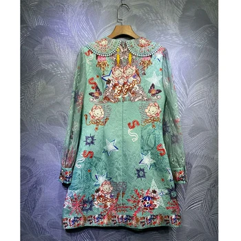 SEQINYY Žalia Mini Suknelė 2020 M. Vasarą, Pavasarį, Naujų Mados Dizaino Moterų kilimo ir tūpimo Tako Nėrinių Duobute Kristalų Žakardo Derliaus Gėlių Spausdinti