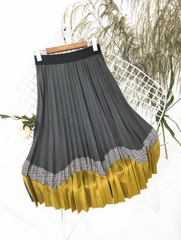 Rudenį 2018 nauja, moterų ilgas klostuotas sijonas moterims spalvų siūlėmis grotelės sijonai mergina