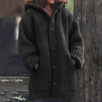 Moterų Kietas Megzti Megztinis Vieną Krūtinėmis Ilgomis Rankovėmis Su Gobtuvu Megztinis Atsitiktinis Palaidų Moteris Rudens-Žiemos Plius Dydis Outwear