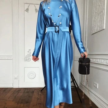Moterų Derliaus Varčias Satino Slim Vidurio Suknelė Ilgomis Rankovėmis Kietas O Kaklo Linijos, Paprastas Atsitiktinis Suknelė 2020 M. Žiemos Pradžioje Naujas Moterų Suknelė