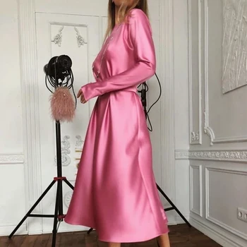 Moterų Derliaus Varčias Satino Slim Vidurio Suknelė Ilgomis Rankovėmis Kietas O Kaklo Linijos, Paprastas Atsitiktinis Suknelė 2020 M. Žiemos Pradžioje Naujas Moterų Suknelė