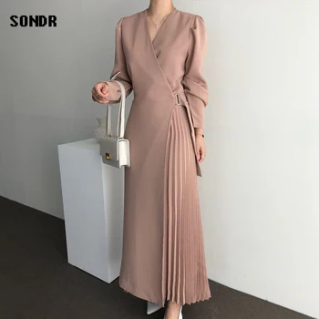 Moteris Suknelė Vientisas Korėjos Suknelė Su V-Kaklo, Ilgomis Rankovėmis Plisuotos Suknelė 2020 M. Rudenį Elegantiškas Office Lady Trumpa Suknelė Ilgos Suknelės