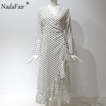 Nadafair Elegantiškas Ruffles Polka Dot Suknelė 2019 M. Rudenį Nėriniai-Up Balta Rausva Juoda Plius Dydis Linija Šifono Atsitiktinis Midi Suknelė Moterims