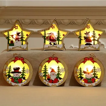 Medienos Kalėdų LED Šviesos Kalėdų Eglutės Kabo Pakabukas Kalėdų Senelio Kalėdos Namų Puošybai Ornamentu Star LED Šviesos 