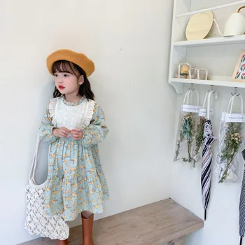 Pavasarį Naują Atvykimo korėjos stiliaus mergina saldus medvilnės suknelė ilgomis rankovėmis gėlės modelis su nėrinių apykaklę mielas kūdikis mergaitės