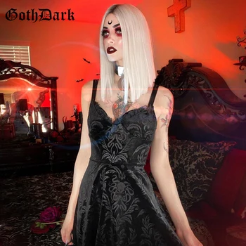 Goth Tamsiai Gotikos Vintage Black E-girl Vasaros Suknelė Moterims Bodycon Tvarstis V-kaklo, Siuvinėjimo Nėrinių Atsitiktinis Šalies Femme Suknelės