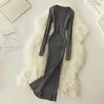 Rudenį 2021 Moterų Megzti O Kaklo Suknelė Vintage Dvigubo Breasted Blizgučiais Mini Suknelė Juodos spalvos Žalia Juosmens, Plonas Dryžuotas Retro