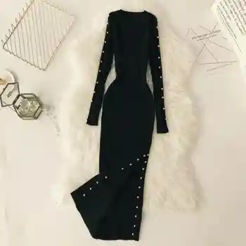 Rudenį 2021 Moterų Megzti O Kaklo Suknelė Vintage Dvigubo Breasted Blizgučiais Mini Suknelė Juodos spalvos Žalia Juosmens, Plonas Dryžuotas Retro