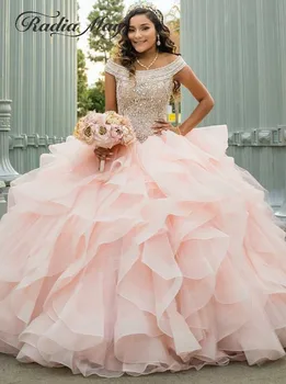 Prabangūs Krištolo Zawalcowany Debutante Kamuolys Chalatai Blush Pink Quinceanera Suknelės 2020 Off Peties Ruched Reljefiniai Organza Saldus 16 Suknelė