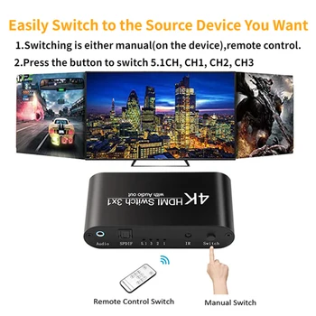 HDMI Switcher 3x1 4K Audio Extractor su Nuotolinio Garso Out3 1 Iš Jungiklis Splitter PC TV Stebėti PS4 XBOX HDMI 2.0