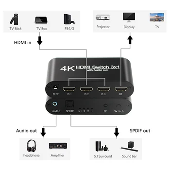 HDMI Switcher 3x1 4K Audio Extractor su Nuotolinio Garso Out3 1 Iš Jungiklis Splitter PC TV Stebėti PS4 XBOX HDMI 2.0
