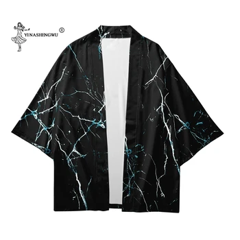 Japonų Kostiumas Spausdinti Kimono Vyrų Harajuku Moterų Viršūnių Japonija Haori Megztinis marškinėliai Yukata Dangomis, Juoda Miškų Skraiste, Laisvi Švarkai