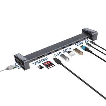 USB C Nešiojamas Docking Station C Tipo HDMI RJ45 Ethernet USB 3.0 SD/TF Kortelių Skaitytuvas Su PD Apmokestinimo 