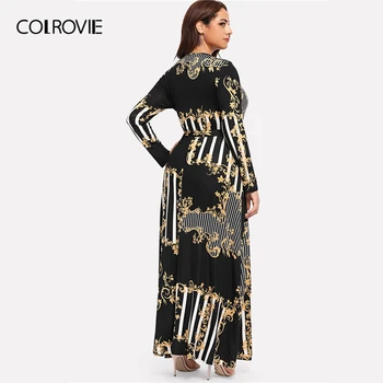 COLROVIE Plus Size Black Sumaišyti Spausdinti Dryžuotas Atsitiktinis Suknelė Moterims 2019 Pavasario Mados ilgomis Rankovėmis Linija, Aukštos Juosmens Maxi Suknelė
