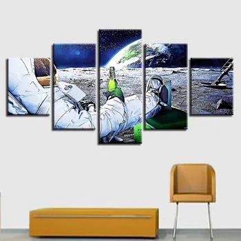 Modulinė Drobės nuotraukų Rėmelis 5 Gabalus HD Spausdinti Astronautas Gerti Alaus Ir Žemės Planetos Meno Tapybos Kambarį Sienų Dekoras Plakatas