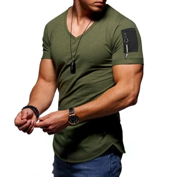 Vasaros mados prekės ženklo slim trumparankoviai marškinėliai vyrams rankos užtrauktukas fitneso V-kaklo, vyriški t-shirt medvilnės atsitiktinis viršų tee dydis M-3XL