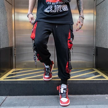 Vyrai Hip-Hop Poilsiu Haremo Kelnės Juoda Kišenėje Kratinys Juostelės Krovinių Kelnės Mados Kelnės Atsitiktinis Streetwear 2020 M.