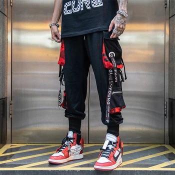 Vyrai Hip-Hop Poilsiu Haremo Kelnės Juoda Kišenėje Kratinys Juostelės Krovinių Kelnės Mados Kelnės Atsitiktinis Streetwear 2020 M.