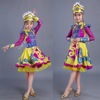 Geltona Vaikų Mongolija Suknelė Etapas, Kinijos Nacionalinių Kostiumų Merginos Hmong Šokių Drabužiai Vaikams Tradicinių Šokių drabužiai, Apranga
