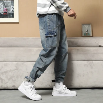 Naujai Dizainerio Mados Vyrai Džinsai Laisvi Retro Mėlyna Spliced Atsitiktinis Džinsai Krovinių Kelnės Streetwear Hip-Hop Pločio Kojų Baggy Kelnės