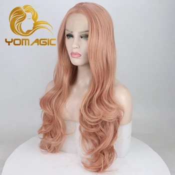 Yomagic Plaukų Rose Pink Sintetinių Plaukų Perukai su natūraliai Valsčiaus Ilgas Kūnas Banga Glueless Nėriniai Priekiniai Perukai su Vidurinė Dalis