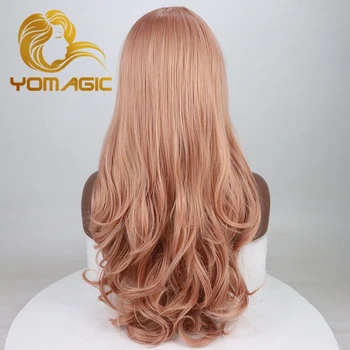 Yomagic Plaukų Rose Pink Sintetinių Plaukų Perukai su natūraliai Valsčiaus Ilgas Kūnas Banga Glueless Nėriniai Priekiniai Perukai su Vidurinė Dalis