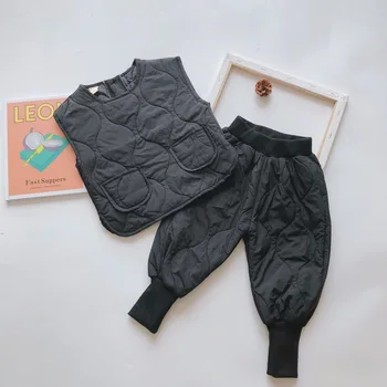 2019 Žiemos Naujas Atvykimo korėjos stiliaus drabužių rinkiniai sutirštės medvilnė, liemenė su ilgas kelnes mados kostiumą kietas mergytę ir berniuką