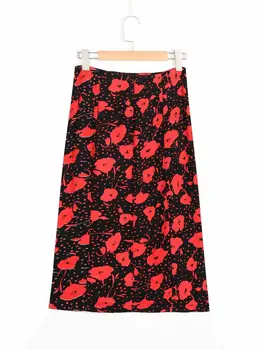 Elegantiškas atsitiktinis gėlių spausdinti midi, raudonas sijonas vasaros linija, laisvi šifono streetwear tiulio sijonas klasikinio bloggers vestidos