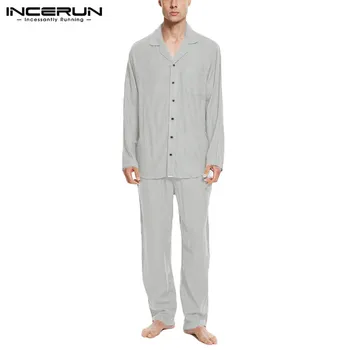 Mados Kietas Pižama Rinkiniai INCERUN Mens Rudenį Prarasti Sleepwear Tinka Atsitiktinis ilgomis Rankovėmis Atvartas Viršūnes Elastinės Kelnės Homewear S-5XL
