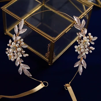 Rankų Darbo Gėlavandenių Perlų, Aukso Brides Hairbands Kristalų Minkštas Kaspinai Nuotakos Gėlių Plaukų Aksesuarai Kristalų Headpieces