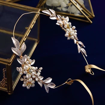 Rankų Darbo Gėlavandenių Perlų, Aukso Brides Hairbands Kristalų Minkštas Kaspinai Nuotakos Gėlių Plaukų Aksesuarai Kristalų Headpieces