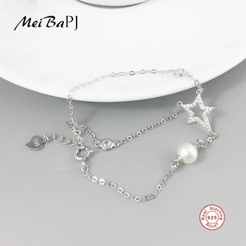 [MeiBaPJ]Aukščiausios kokybės 7mm natūralių apvalių gėlavandenių perlų apyrankė moterų 925 sterlingas sidabro bižuterijos žavesio apyrankę