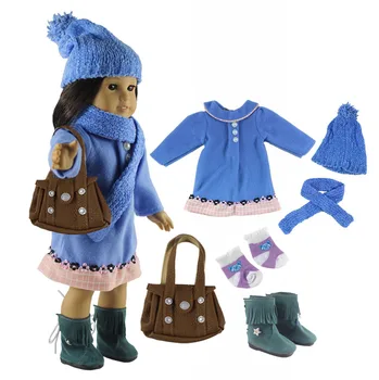 Karšto 6in1 Nustatyti Lėlės Drabužiai Blue Coat+Hat+Skara+Batai+Kojinės+Krepšys 18