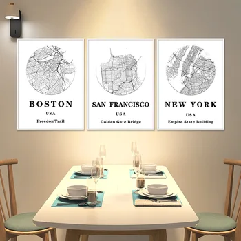 Minimalistinio Šiaurės šalių Pasaulyje Garsaus Bostono Miesto Žemėlapį Tapybos Drobė Menas, Plakatų Ir grafikos Sienos Nuotraukas Kambarį Namų Dekoro