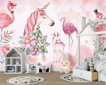 Beibehang Užsakymą tapetai, freskos pink flamingo vienaragis elnias vaikų kambario dekoracija fono sienos tapetai, sienų ir 3 d
