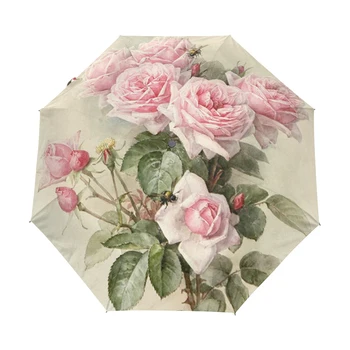 Derlius Skurdus Gėlių Moterų Lietaus, Skėtis Prašmatnus Pink Rose Tris Lankstymo Mergina Patvarus Nešiojamų Skėčiai Automatinė Lietaus Pavara